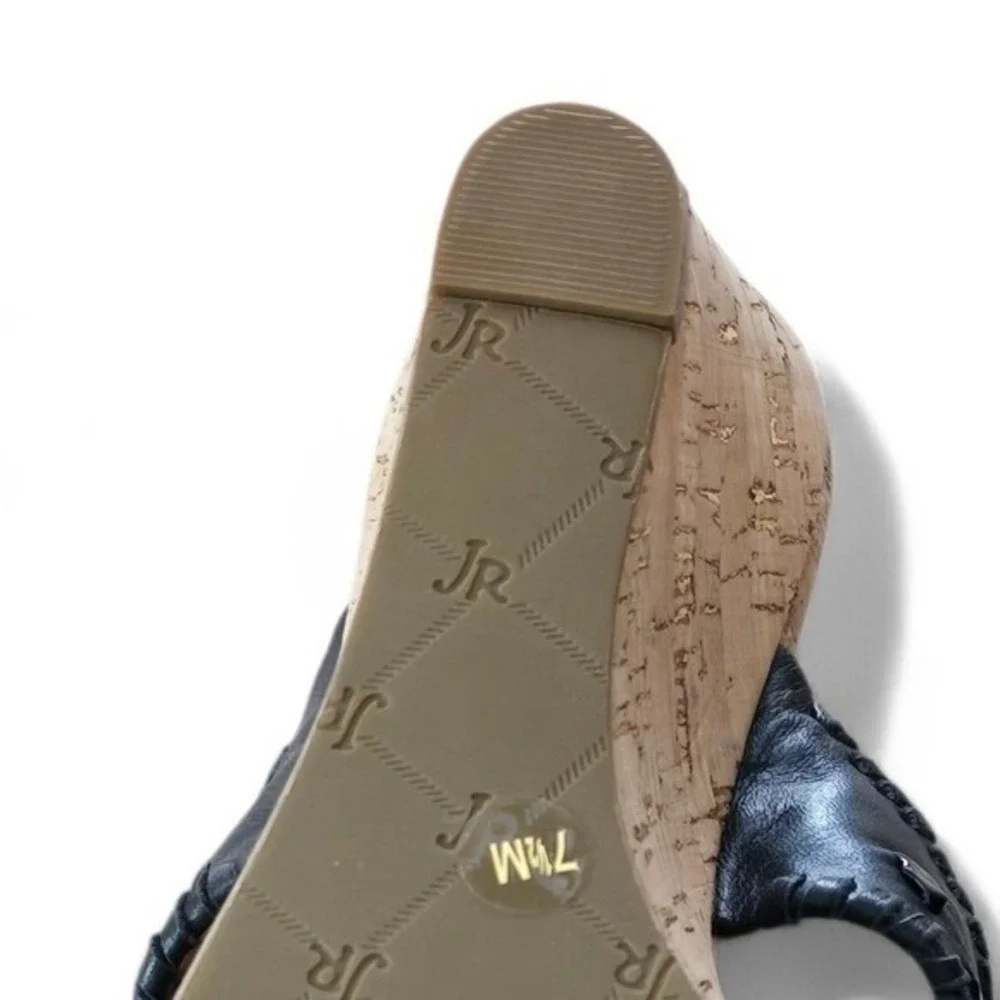 Jack Rogers Black‎ Leather Whipstitch Cork Wedge Sandals Gold Fleck 7.5M